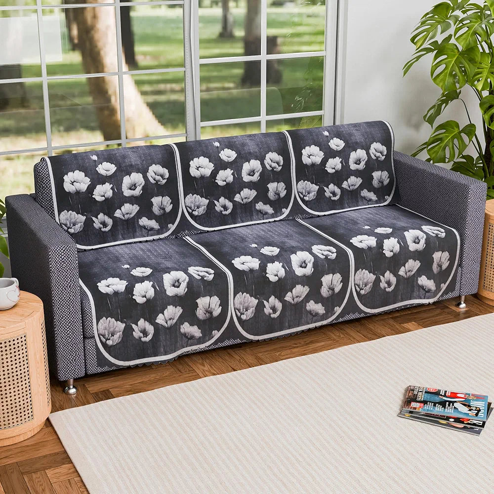 Kuber Industries Set of 6 Durable 3 Seater Sofa Covers for Living Room Lotus Print Grey