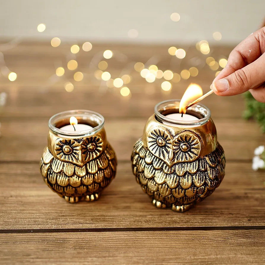 BEHOMA Aluminium Owls with Votives Set of Mother and Child | Statue for Home Decor Tabletop Living Room | Candle Holder Gift Showpiece for Mothers Day, Birthday, Anniversary | Votives Candle Included