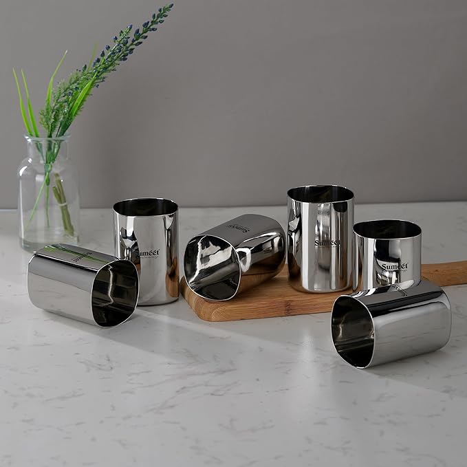 Sumeet Stainless Steel Mirror Finish Square Shape Heavy Gauge Glass Set of 6 Pcs 6.5cm 350ml Each