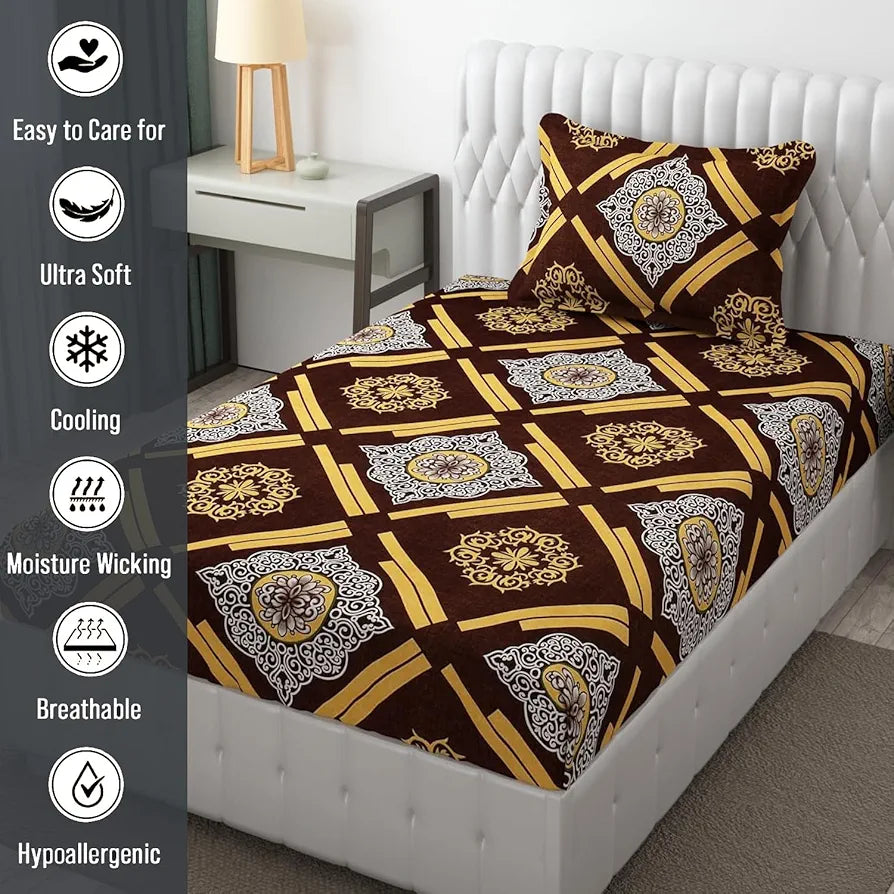 Fresh From Loom Single Bedsheet for Single Bed Floral Design Bed Spread with 1 Pillow Covers 144 TC Dark Brown