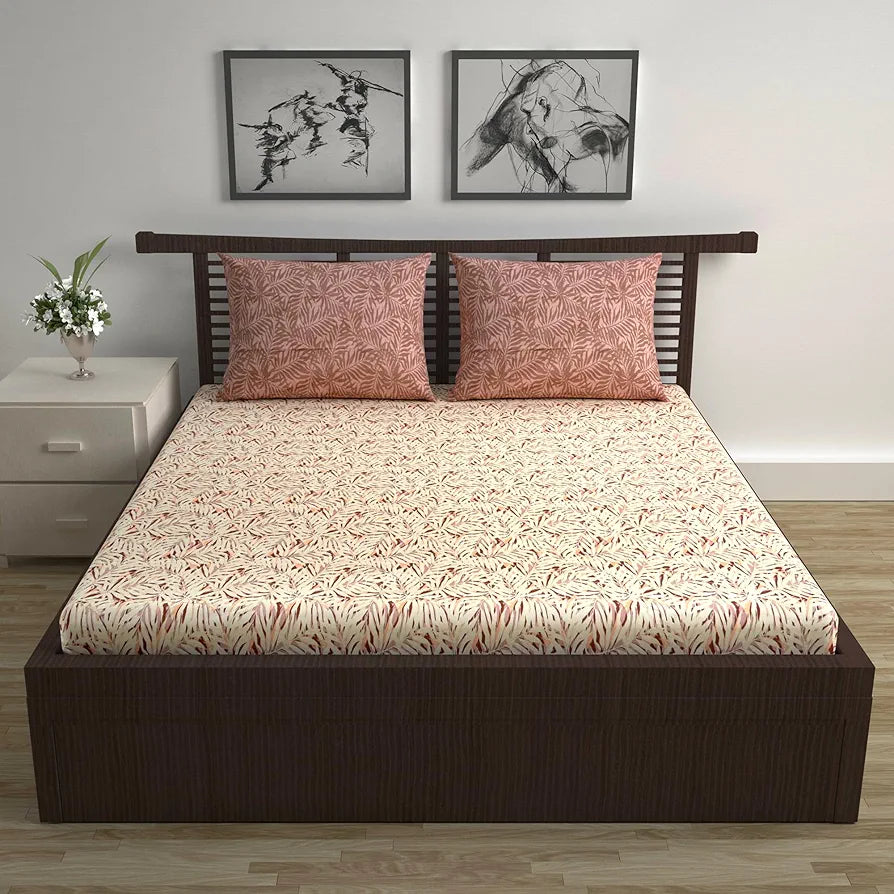 Divine Casa 144 TC 100% Cotton Double Bedsheet with 2 Pillow Covers Tropical Leaf Colour Cream Brown
