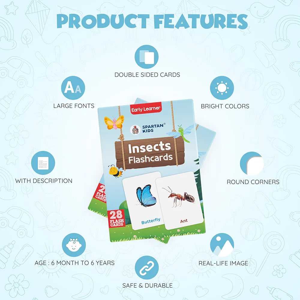 SPARTAN KIDS® Insect Flash Cards for Kids | 28 Early Learning Flash Cards Easy & Fun Way of Learning 1 Year to 6 Years Babies