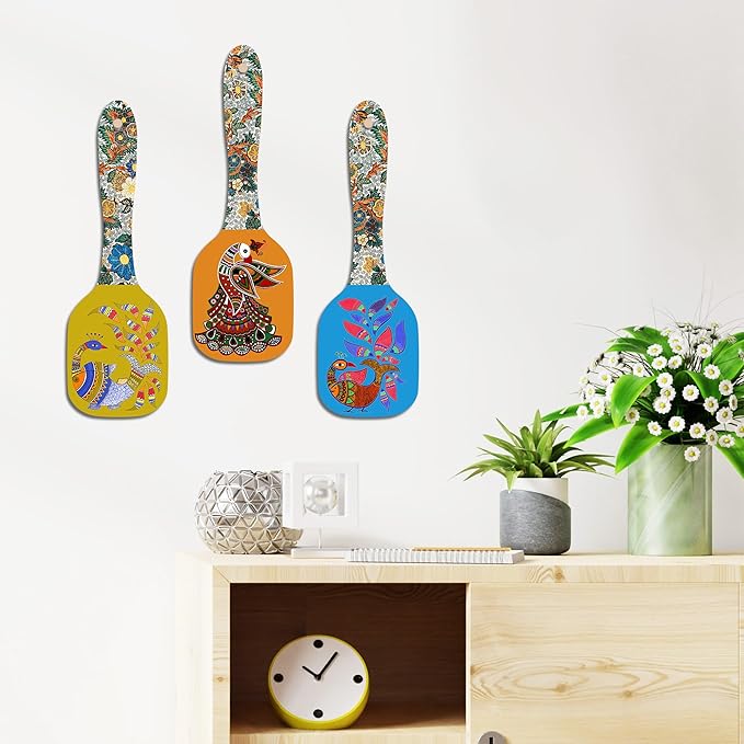 Artvibes Decorative Kalamkari Floral Art Wooden Wall Hanging Decoration Item for Home | Set of 3