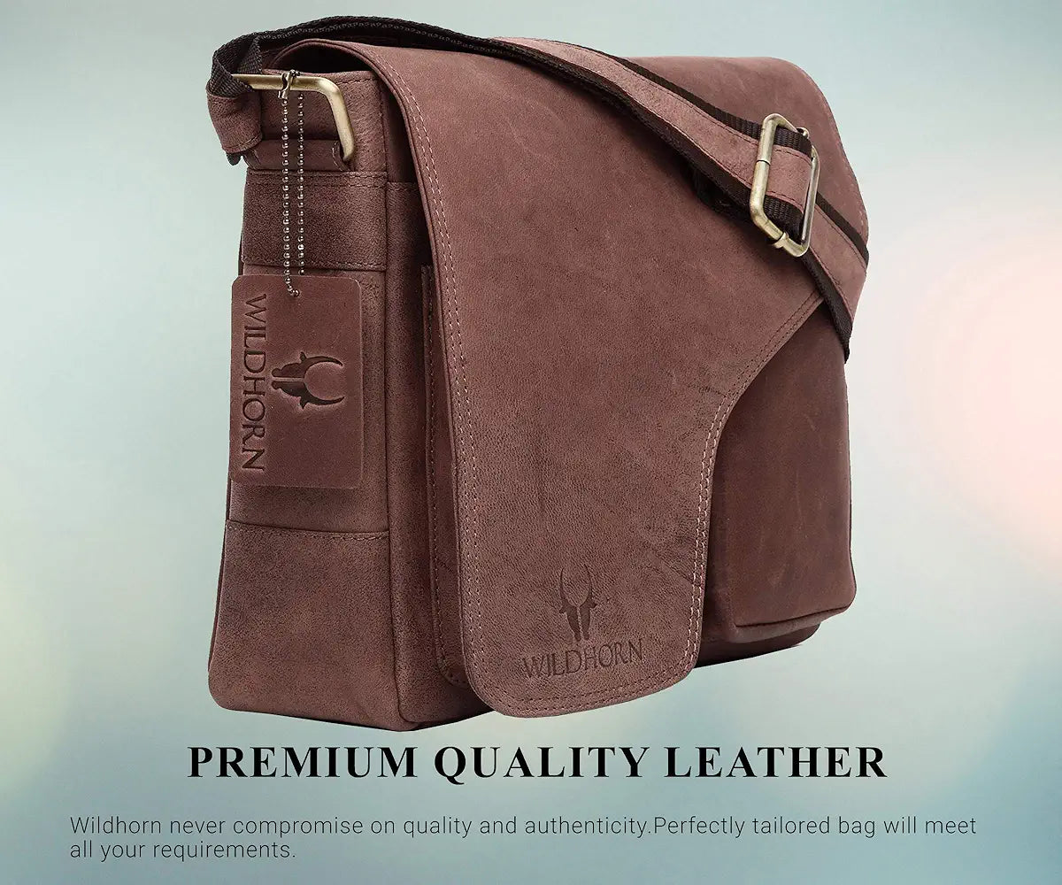 WildHorn�Leather 11 inch Laptop Messenger Bag for Men I Dedicated Laptop Compartment I Adjustable Strap I DIMENSION:L- 11 inch H-9.5 inch W- 3 inch