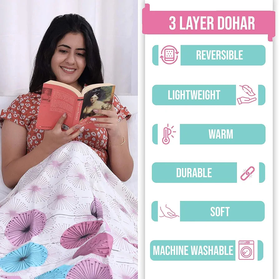 Divine Casa 100% Cotton Single Bed Dohar Lightweight & Soft AC Blanket Reversible Summer Quilt Colour Rose Pink
