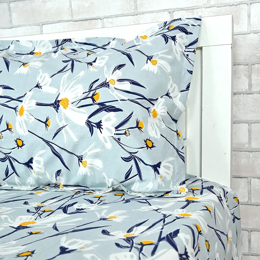 Divine Casa 100% Cotton Bedsheet for Single Bed, 144 TC Bedsheet Single Size Bed Cotton with 1 Pillow Cover Colour Aqua Bloom