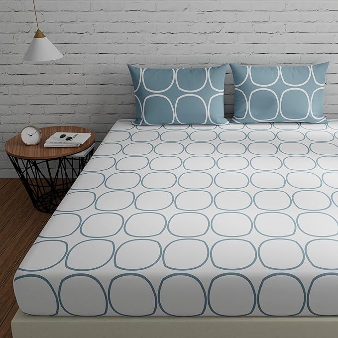 Huesland by Ahmedabad Cotton 144 TC King Size Bedsheet Cotton with 2 Pillow Covers | White & Blue
