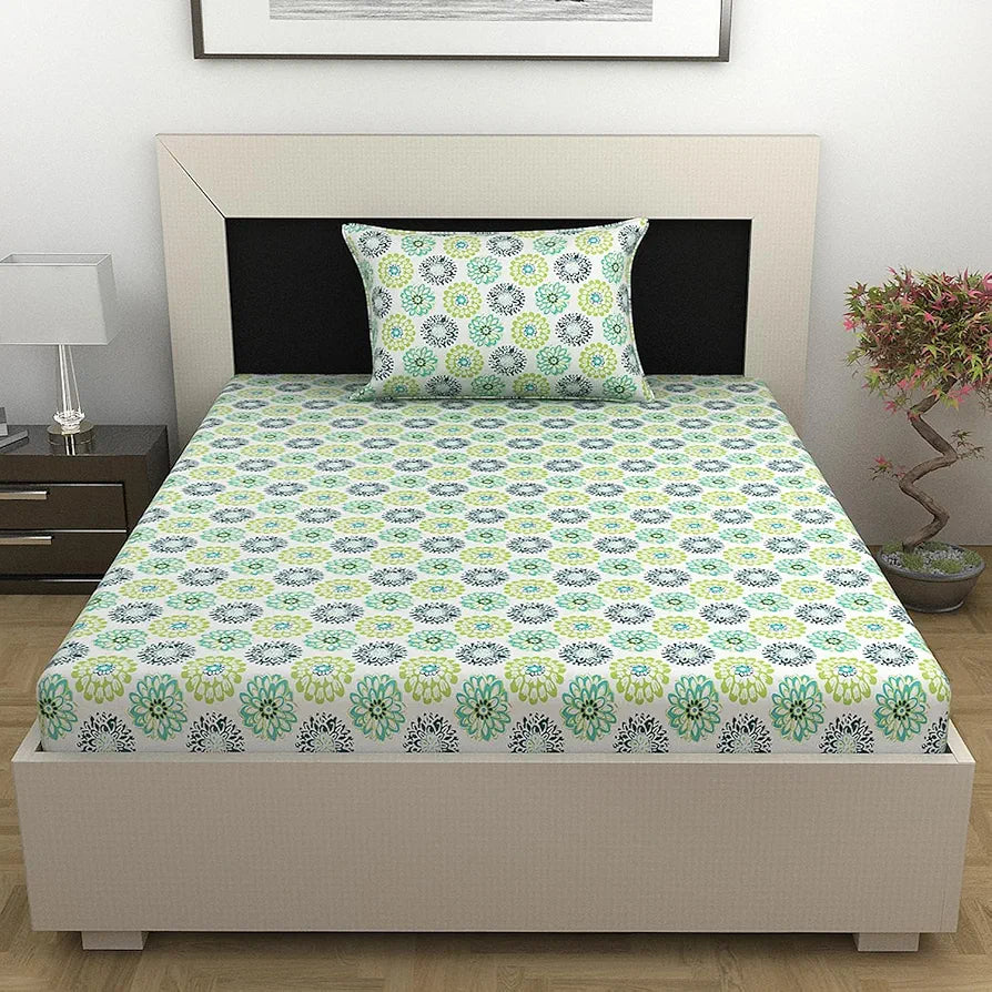 Divine Casa 100% Cotton Bedsheet for Single Bed, 144 TC Bedsheet Single Size Bed Cotton with 1 Pillow Cover Colour Green Blue