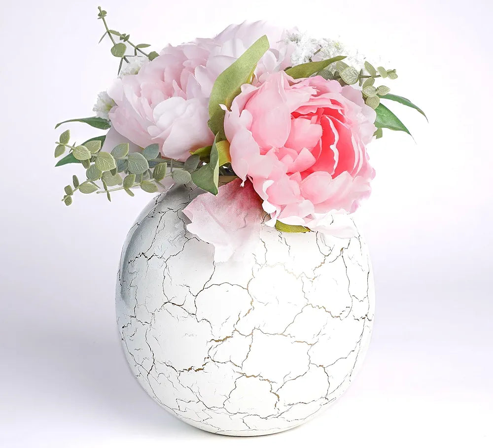 Behoma Metal Ball Vase for Home Decor Off-White Crackled Medium Flowers not Included