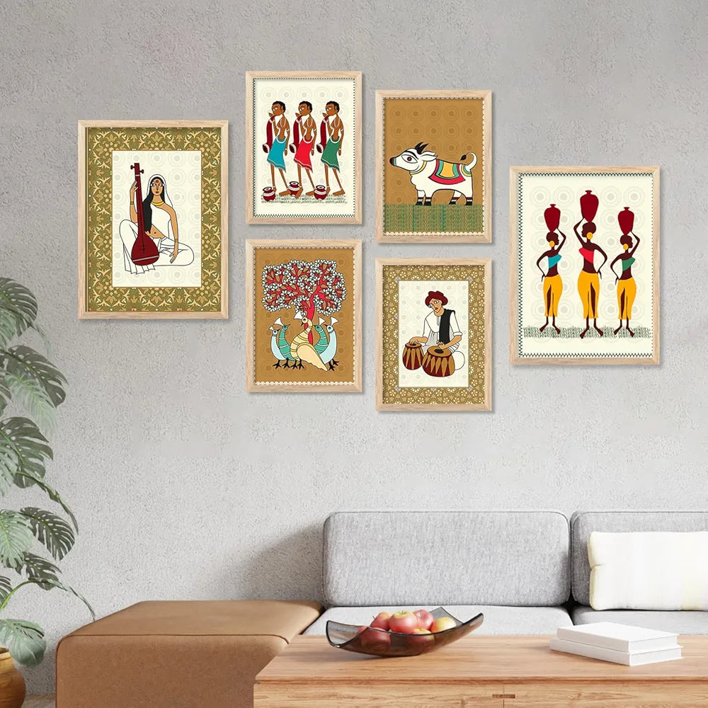 Kotart Gond Art Premium Digital Paintings with Frame Floral Painting Pack of 6 art6