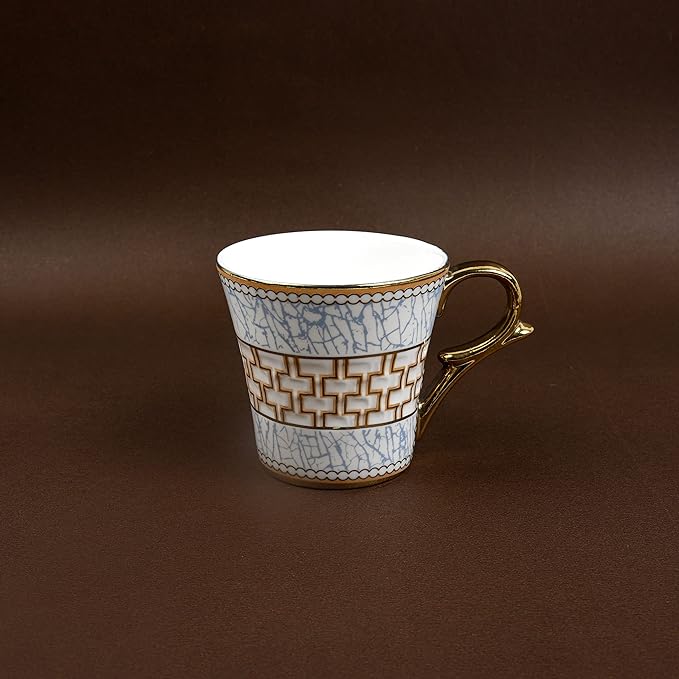 Femora Blue Craze Pattern on Golden Mugs, Ceramic Tea Cups, Coffee Mugs | 160 Ml | Golden | 6 Pcs Set | Not Microwave Safe
