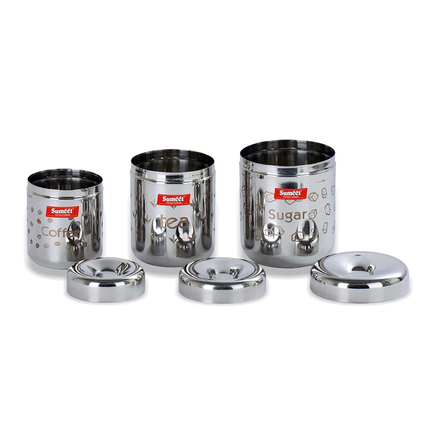 Sumeet Stainless steel Laser printed Tea|Cofee|Sugar Canisters Set of 3 Pcs
