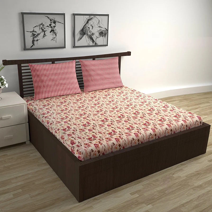 Divine Casa 144 TC 100% Pure Cotton Double Bed Bedsheet with 2 Pillow Covers Rose Blossom Colour Crimson Gold