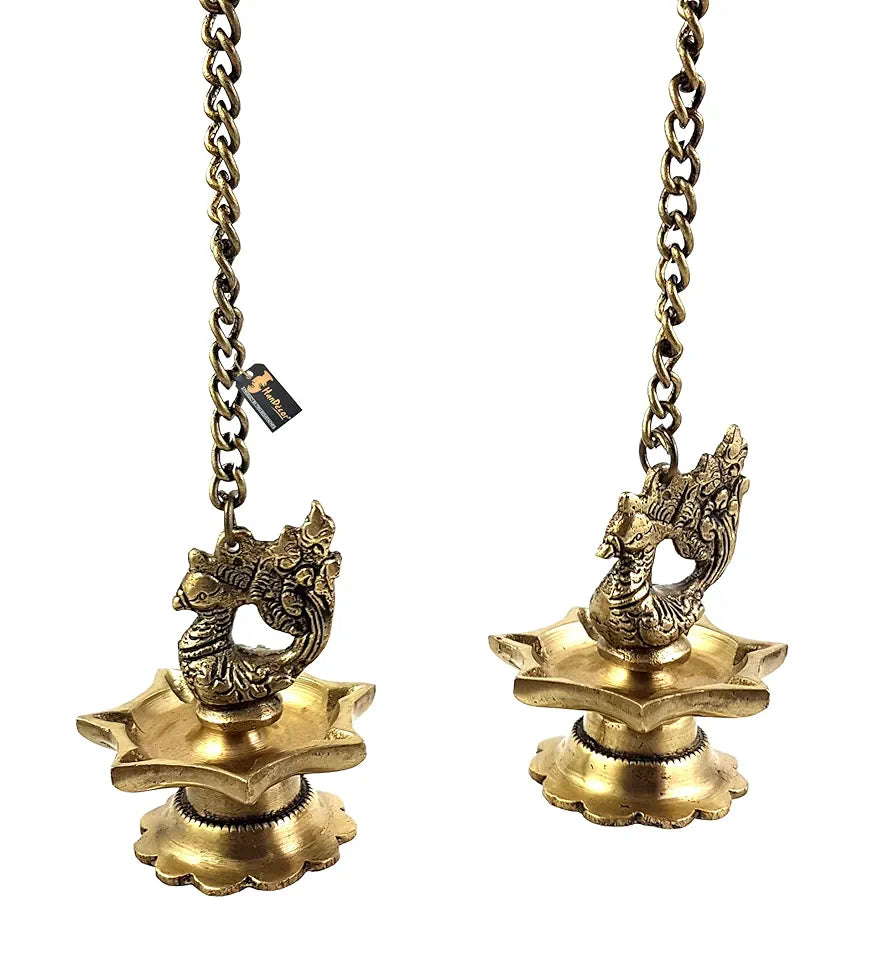 Two Moustaches Brass Peacock Carved Hanging Diya Set Antique Yellow -Pack of 2