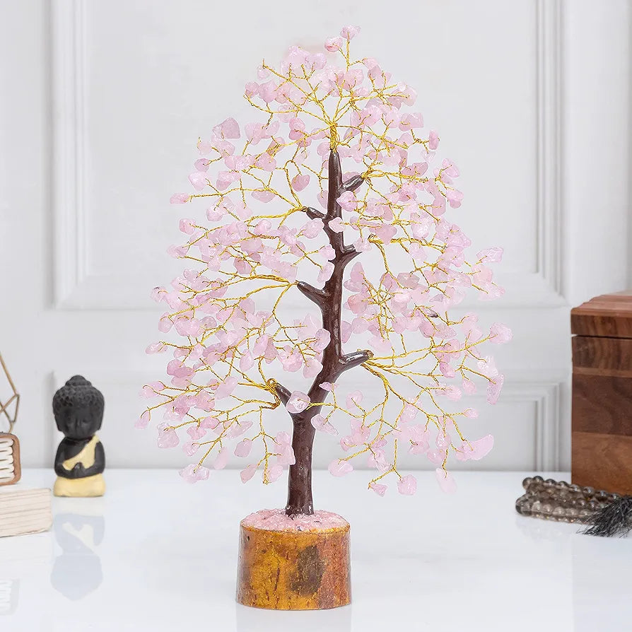 Bezavo Rose Quartz Crystal Trees Chakra Healing Money Bonsai Golden Wire
