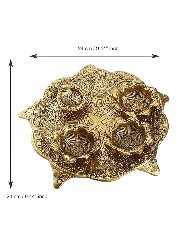 Ecraftindia Golden Metal Swastik Designer Pooja Thali With 3 Bowls and 1 Diya | Traditional Pooja Essential Set