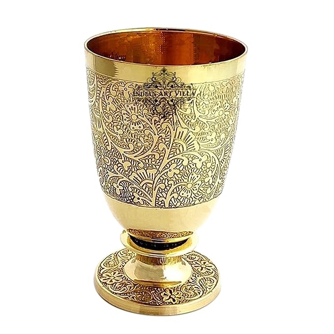 Indian Art Villa Pure Brass Glass Tumbler With Goblet Design - 350 gms (Pack of 2)