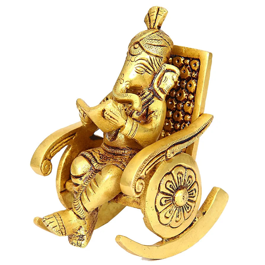 anciently Premium Chair Ganesha Idol | Rocking Chair Ganesha Idol | Heavy Rocking Chair Ganesha Brass, 675g, Height 10.5 CM, Gold Colour, 1 Piece