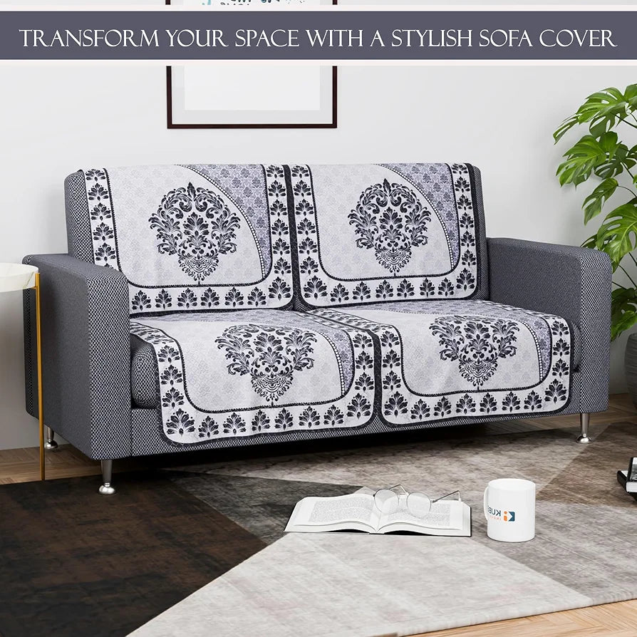 Kuber Industries Set of 6 Net Durable 2+1 Seater Sofa Covers Floral Print Black & Grey