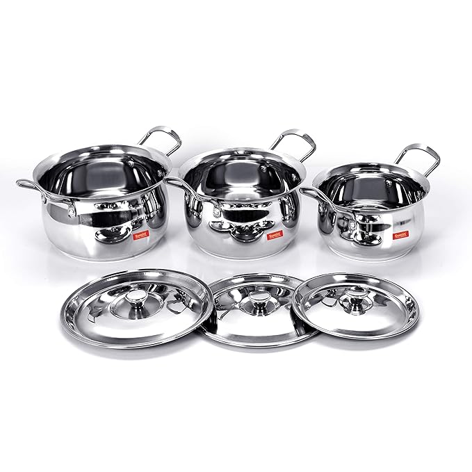 Sumeet Stainless Steel Handi with Lid 1.1 LTR| 1.6 LTR| 2.1 L| 3 Piece (Steel)