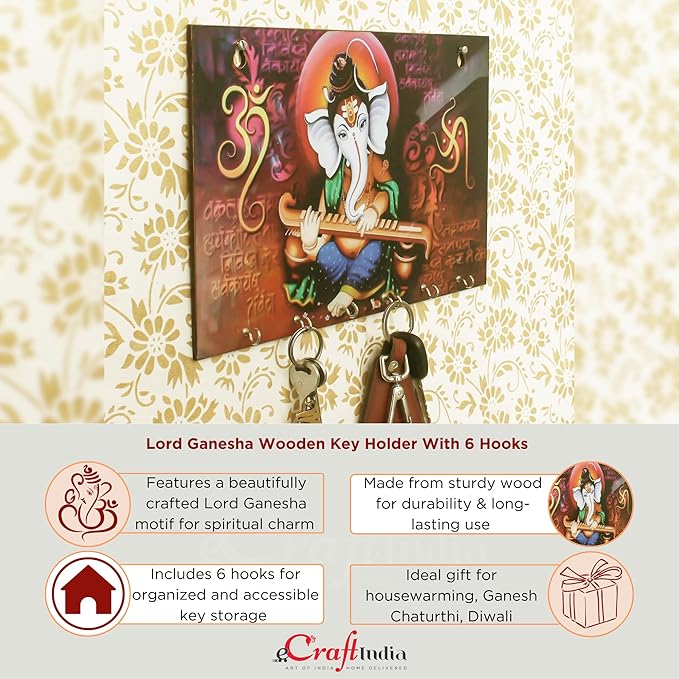 Ecraftindia Lord Ganesha Theme Wooden Key Holder With 6 Hooks