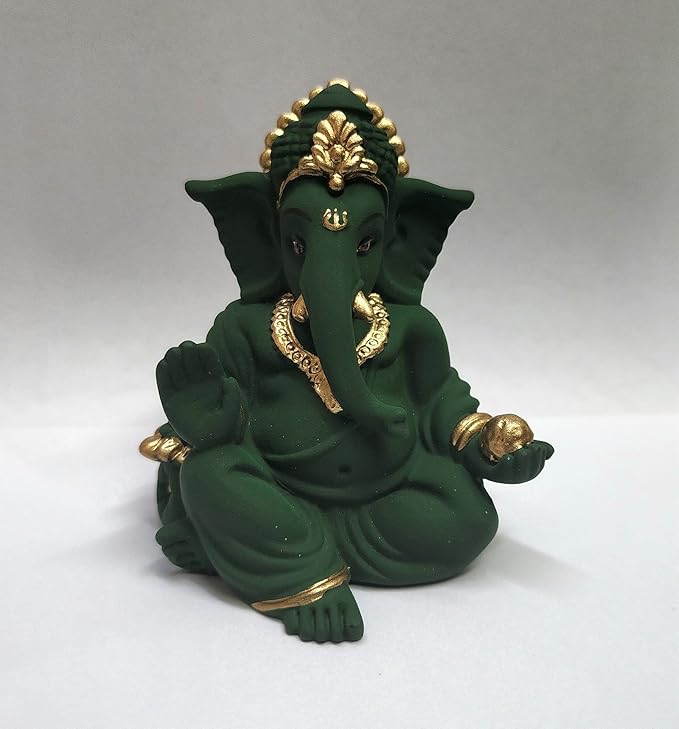 Gold Art India Terracotta Green Gaddi Ganesha for Car Dashboard Home Decor Gadditerracotta green