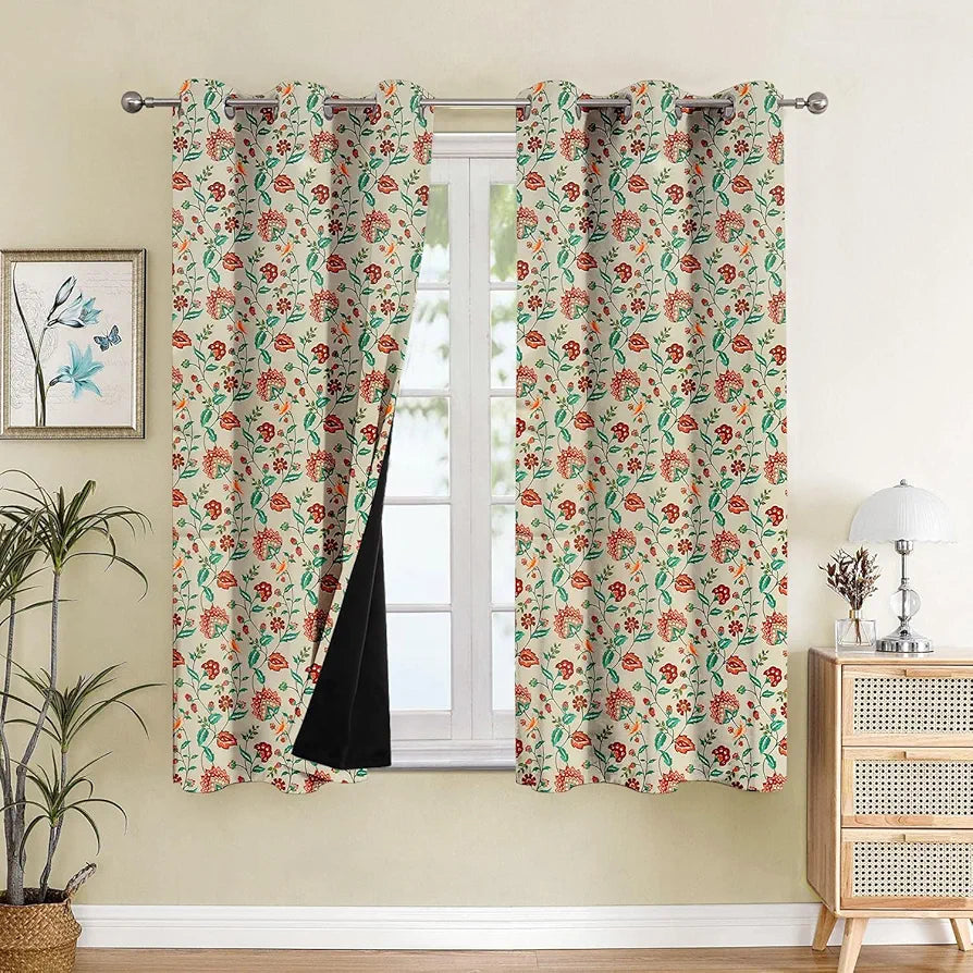 Cloth Fusion Blackout Printed Premium Window Curtains 5 Feet Long Set of 2 Red Flower