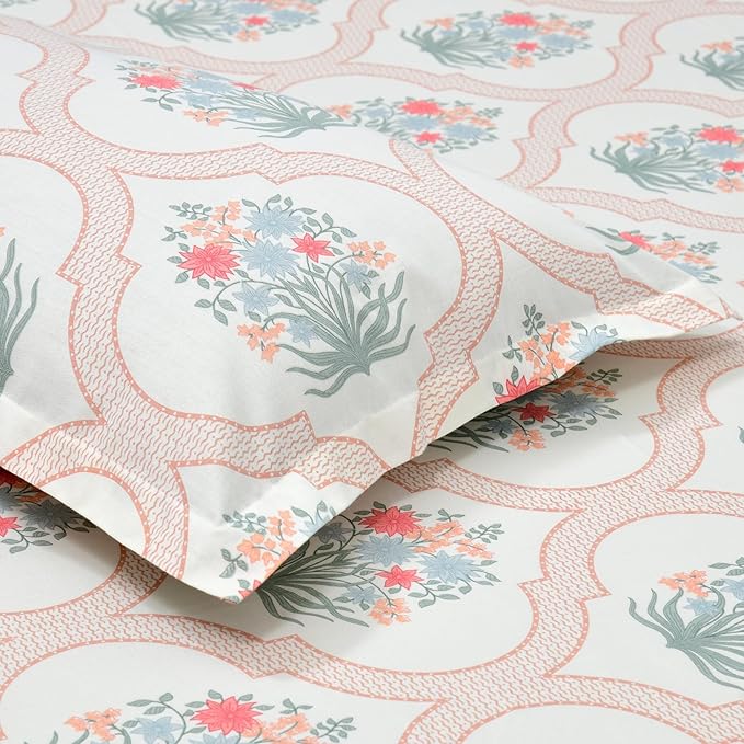 Haus & kinder Cotton Queen Size Bedsheet for Double Bed (90 X 100 Inches) with 2 Pillow Covers | 186 TC | Pink White Floral 1