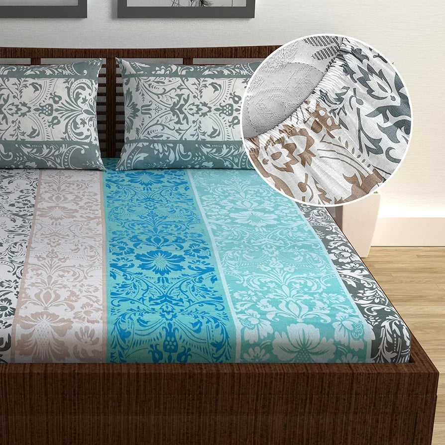 Divine Casa 144 TC 100% Cotton Floral Grey Breathable Bedsheet Double Size Bed Cotton Elastic Fitted Colour Air Blue