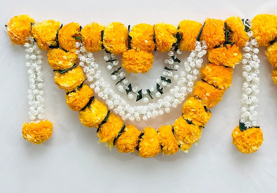 Artificial Marigold Fluffy Flowers Garlands Door Toran Set/Door Hangings Light orange with Jasmine and leaves