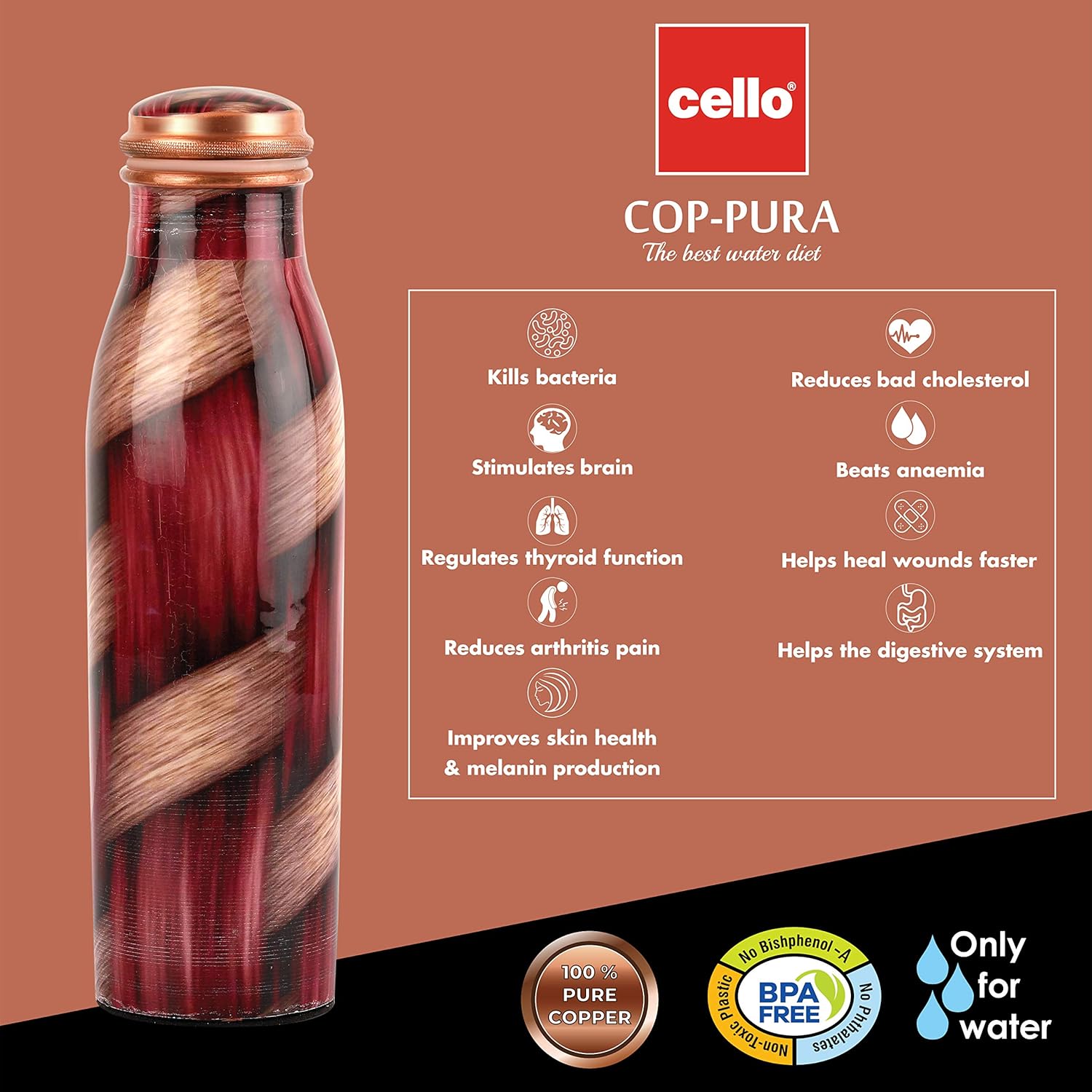 Cello Cop-Pura Good Earth Copper Water Bottle | 1000ml | Weaves
