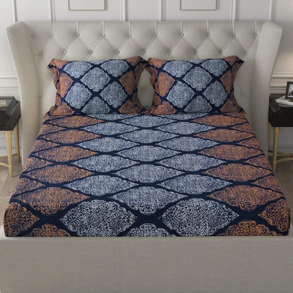 Cloth Fusion Elastic Fitted Queen Size Bed Sheet with 2 Pillow Covers Midnight Paisley Colour