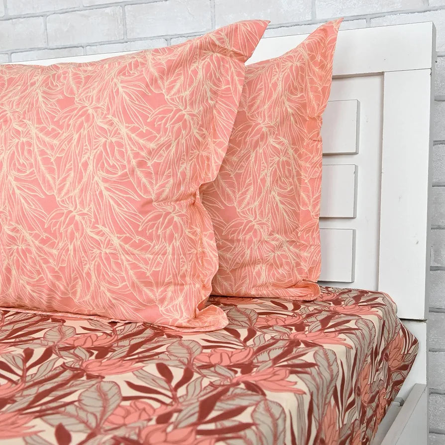 Divine Casa 144 TC 100% Pure Cotton Double Bed Bedsheet with 2 Pillow Covers Tropical Floral Colour Coral Peach