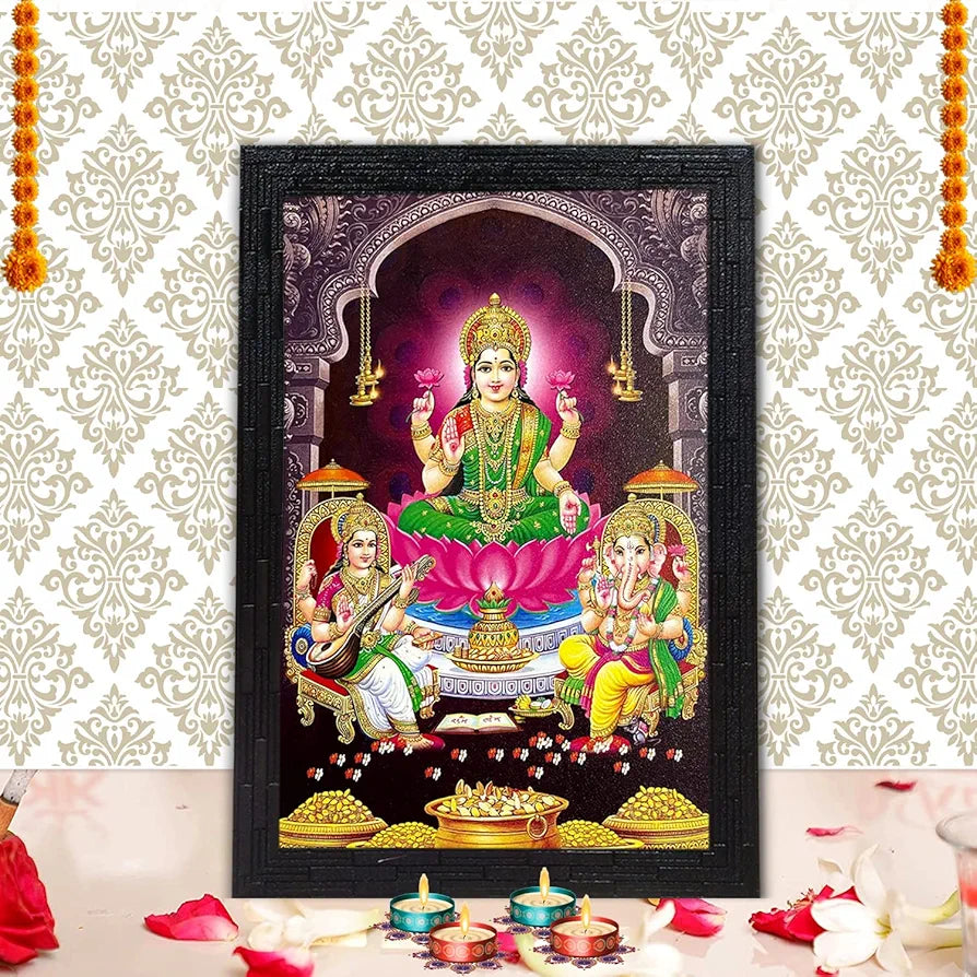 Lifehaxtore Lakshmi With Ganesha and Saraswati Photo Painting with Wooden Frame Black for Temple -Model 1