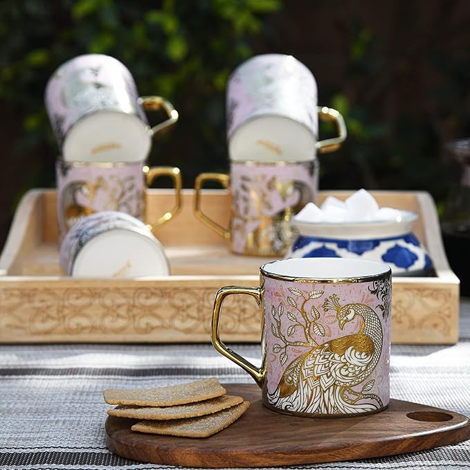 Femora Premium Pink Peacock Pattern Golden Ceramic Coffee & Tea Cup Set of 6 | 180 Ml | Pink