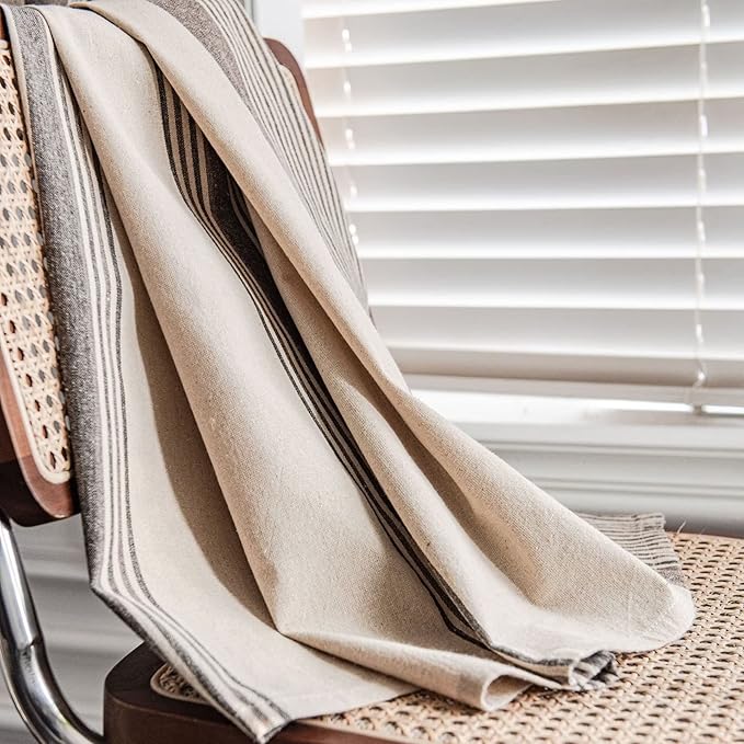 Huesland Cotton Curtains for Door, 7 Feet Long 1 Bohemian Eyelet Curtain | Beige & Grey Stripes