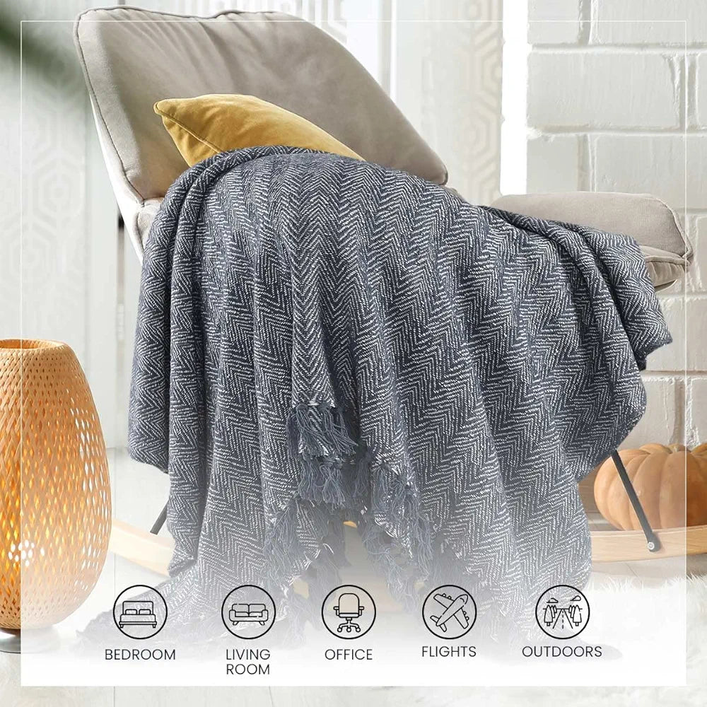 Sashaa World Soft Herringbone Throw Blanket Colour Navy