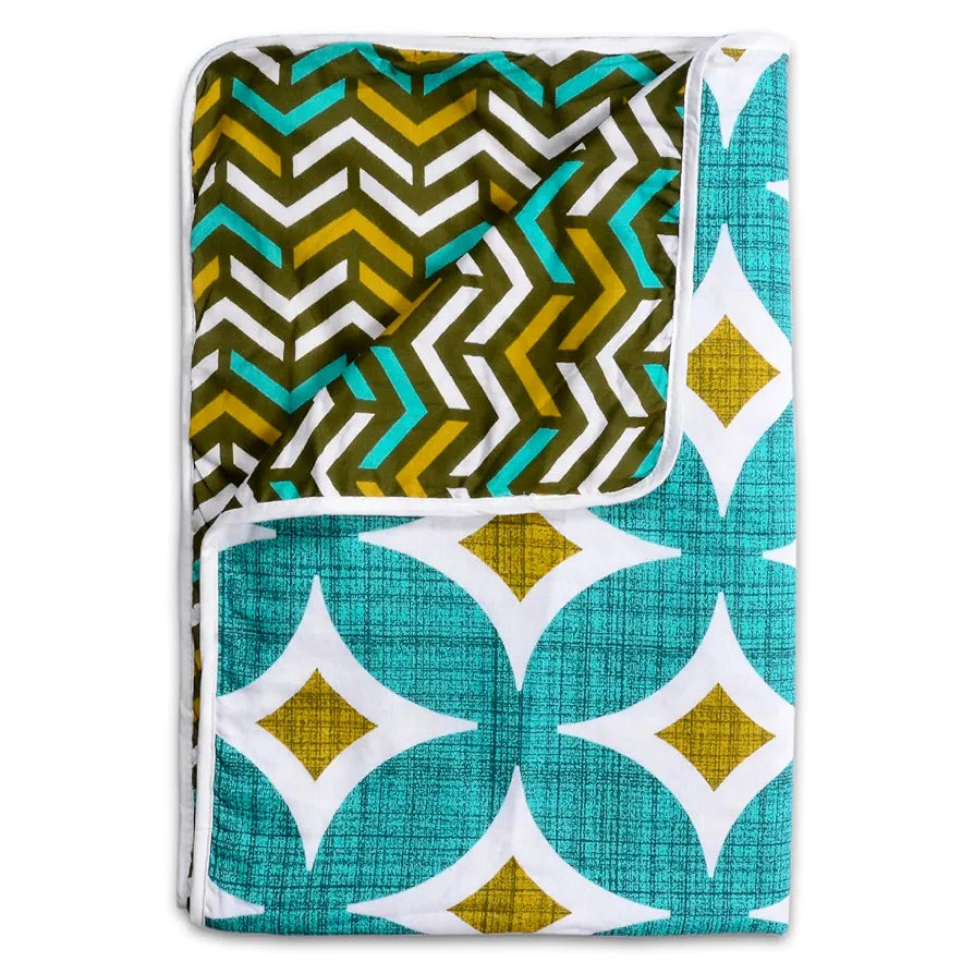 Divine Casa Cambric Cotton Single Bed Dohar 3 Layer dohar with Flannel Inside Reversible Both Sides Usable Blanket TC - 120Aqua Colour Green Angular Shape