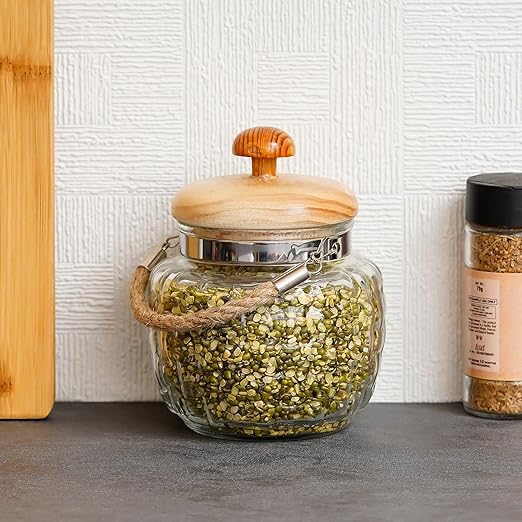 Femora Kitchen Storage Jars Embossed Glass Jar With Wooden Lid & Jute Chain Air Tight Jar | 500 Ml | Pack of 4
