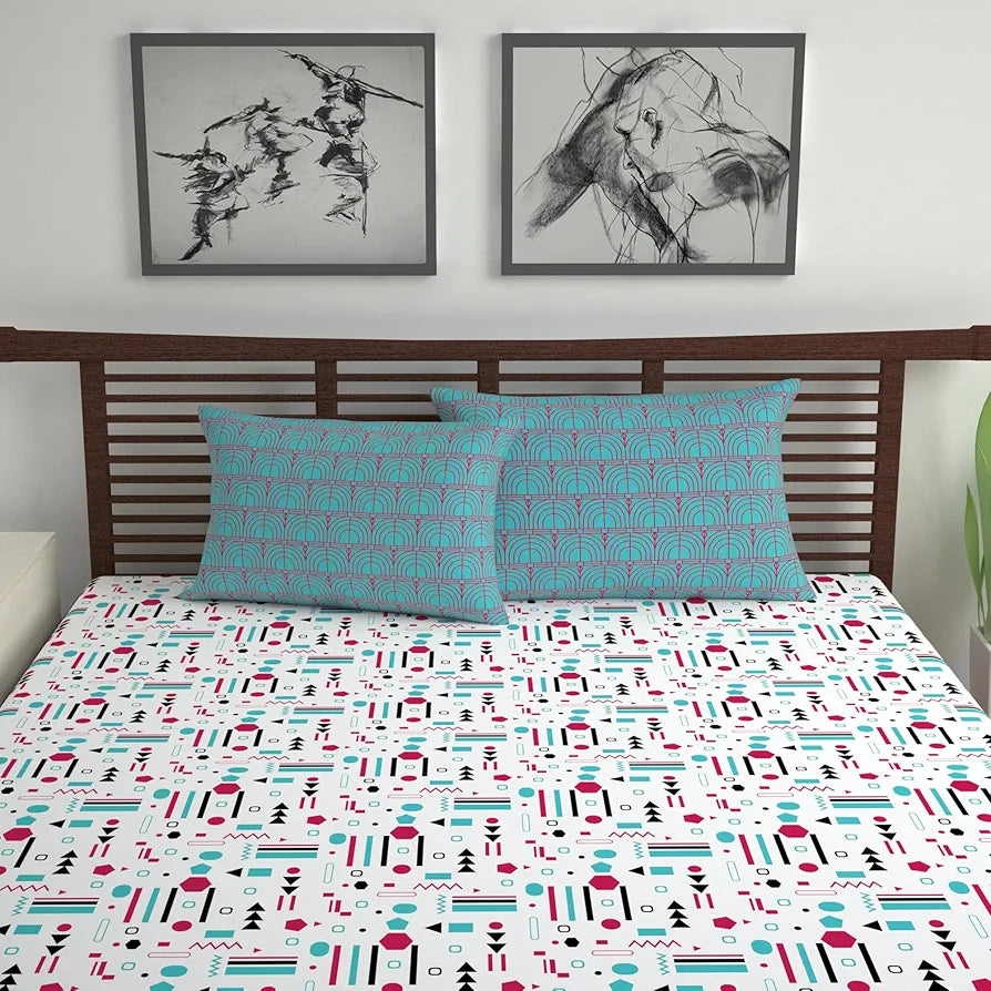 Divine Casa 144 TC Super Soft Cotton Bedsheet for Double Bed  144 Thread Count Abstract Colour Red Teal & White