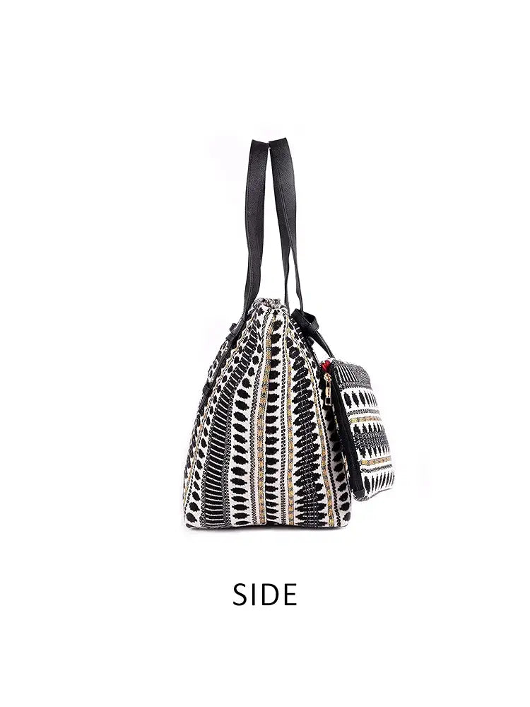 Astrid Cotton Textured Tote Bag With Coin Pouch Black