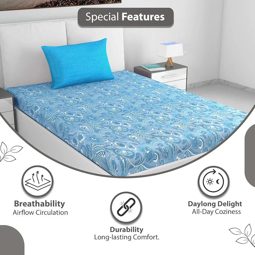 Divine Casa 144 TC 100% Pure Cotton Single Size Bedsheet with 1 Pillow Cover Floral Paisley Colour White Aqua Blue