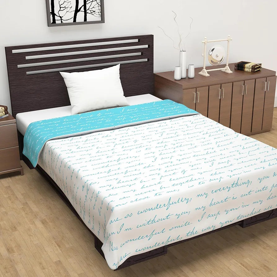 Divine Casa 120 GSM Microfiber Single Dohar Soft & Lightweight Throw Blanket Typographic Pattern Colour Sky Blue & White