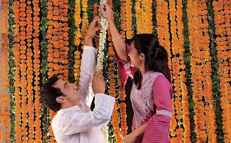 Artificial Marigold Flowers for Decoration Garland with Bell 5 Feet Long yelow - 100pcs(10pkt)