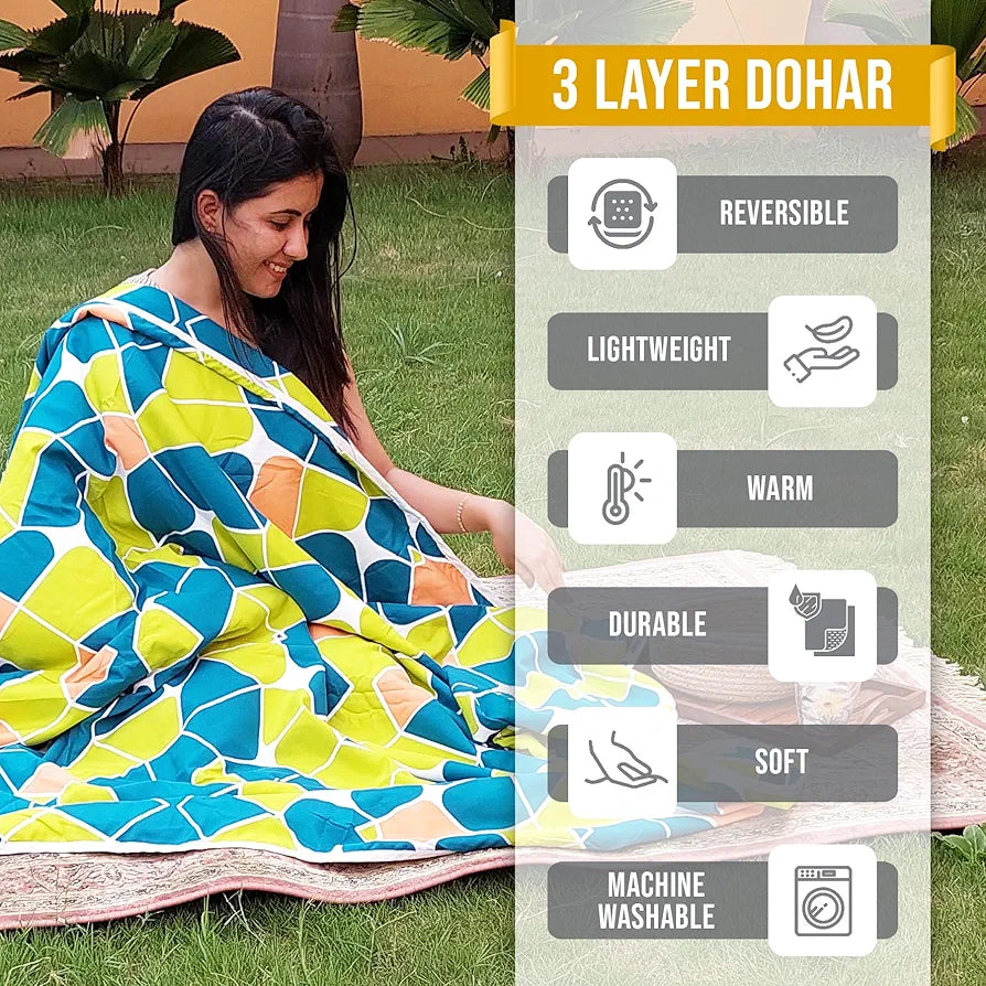 Divine Casa 120 GSM Summer Quilt Brushed Microfibre 3 Layer Breathable Single Dohar AC Blanket Lightweight Warm Rajai Throws for Bed TC - 120 Colour Sea Green