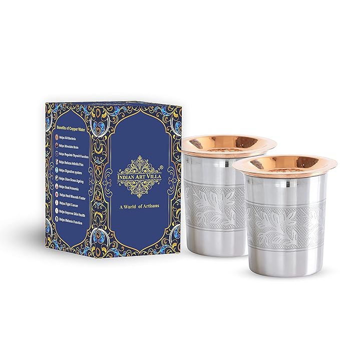 Indian Art Villa Embossed Design Steel Copper Glass Tumbler Cup Each - 130 gms