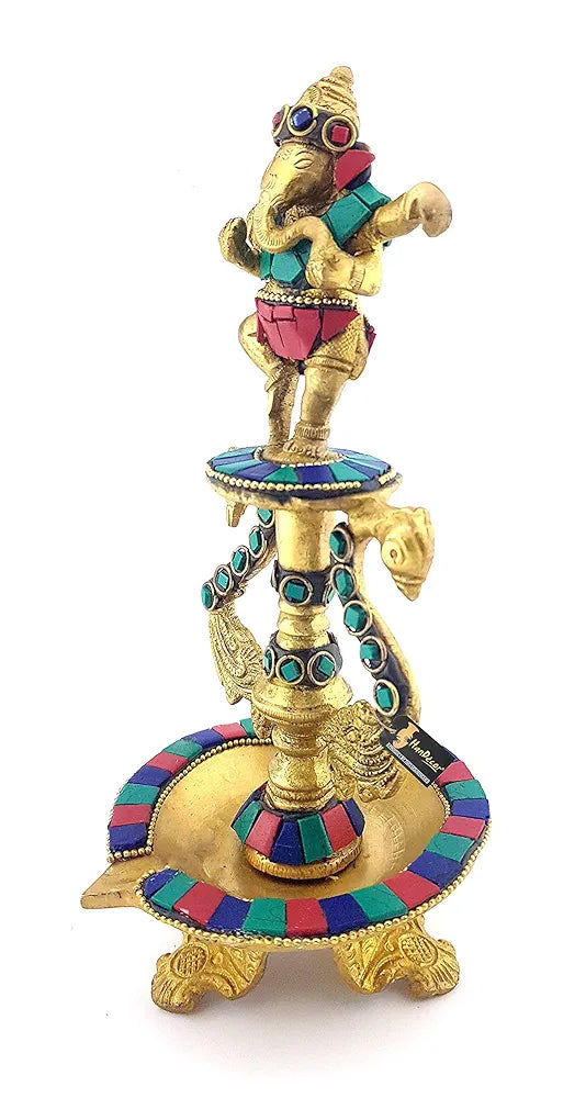 Two Moustaches 8 Inches Dancing Ganesha Gemstone Work Brass Oil Diya