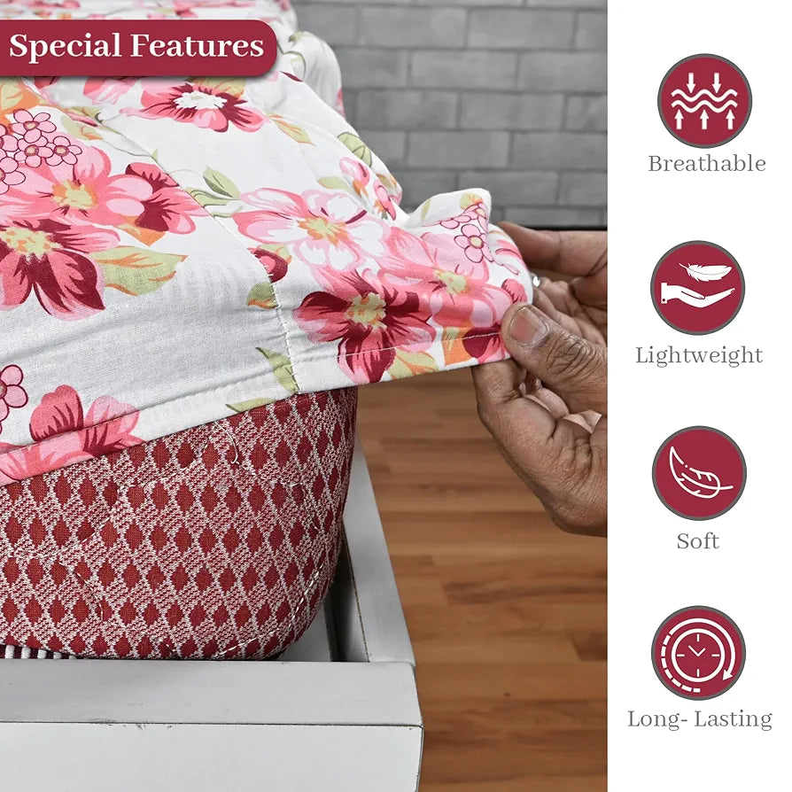 Divine Casa Floret 100% Cotton Double Fitted Bedsheet 144 TC Colour Rosy Retreat