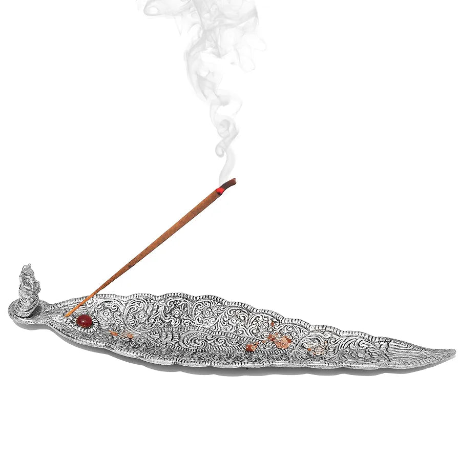 Pure Source India Aluminum Incense Holder & Ash Catcher Agarbatti Stand Featuring Ganesh Figurine Silver