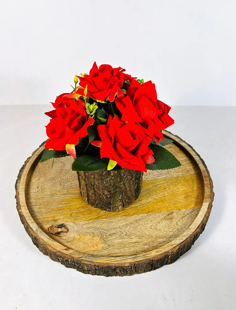 Artificial Silk Rose Fake Flowers Potted Artificial Plants Indoors Natural Wooden Pot